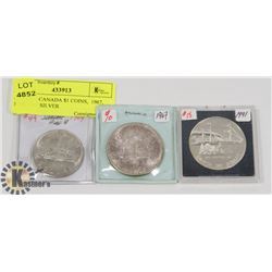 LOT OF 3 CANADA $1 COINS,  1967, 1969, 1991 SILVER