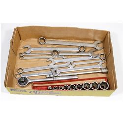 BOX OF ASSORTED SOCKETS AND WRENCHES