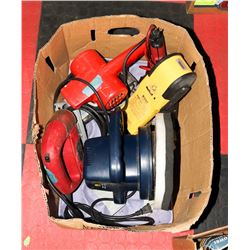 LARGE BOX OF POWER TOOLS & BRADY PALM PRINTER.