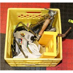 CRATE OF MISC INCL SHARP SHOOTER, CLAMPS, HOLE SAW