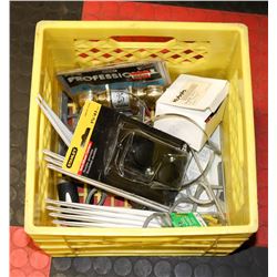 CRATE OF MISC INCL DOOR HANDLE, CASTORS, AND MORE.