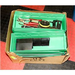BOX OF SHOP ORGANIZERS AND SOME HAND TOOLS