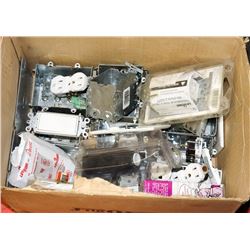 BOX OF ASSORTED ELECTRIC PLUG BOXES AND MORE.