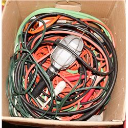 BOX OF JUMPER CABLES , WORK LIGHT AND CORDS