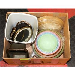 BOX OF KITCHENWARE, CLOCK, SMALL GARBAGE.