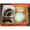 Image 1 : BOX OF KITCHENWARE, CLOCK, SMALL GARBAGE.