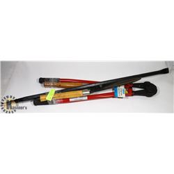 LOT OF TOOLS INCL BOLT CUTTERS, SNIPS AND PRYBAR