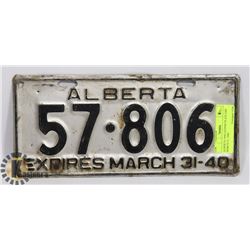 ALBERTA 1940 LICENSE PLATE EXP MARCH 31, 1940