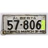 Image 1 : ALBERTA 1940 LICENSE PLATE EXP MARCH 31, 1940