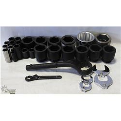 BOX OF ASSORTED HEAVY DUTY SOCKETS & MORE