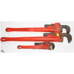 LOT OF 3 ASSORTED RIDGID PIPE WRENCHES,