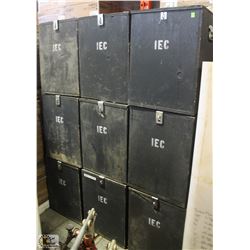 LOT OF 9 WOODEN LOCK BOXES WITH HANDLES.