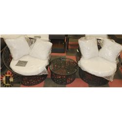 4) RATTAN STYLE SET OF 2 TUB CHAIRS W/ END TABLE.