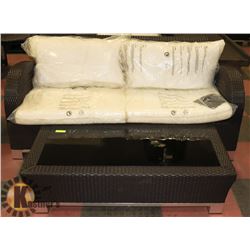 1) RATTAN STYLE LOVE SEAT WITH COFFEE TABLE.