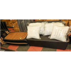 18) RATTAN STYLE CORNER LOVESEAT W/ COFFEE TABLE.