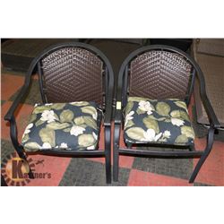 2 WICKER AND WOOD PATIO CHAIRS WITH CUSHIONS