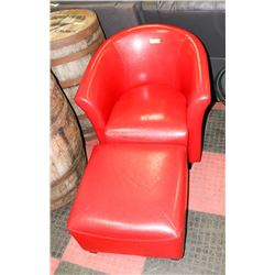 RED LEATHERETTE TUB CHAIR WITH OTTOMAN