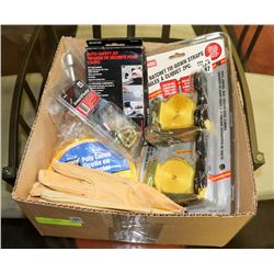 BOX OF ASSORTED INCL GLOVES, RATCHET STRAPS,