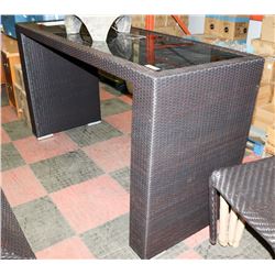 23) RATTAN STYLE GLASS TOP BAR TABLE.