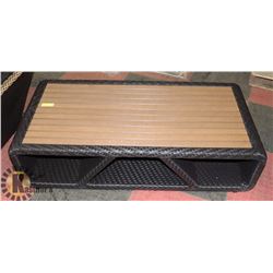 20) RATTAN STYLE WOOD TOP COFFEE TABLE.