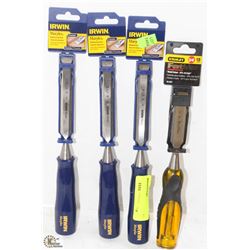 LOT OF 4 IRWIN & STANLEY ASST WOOD CHISELS