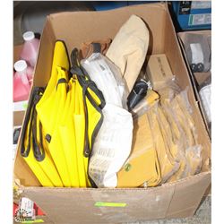 BOX OF ASST PROTECTIVE SAFETY APRONS, CANVAS BAGS