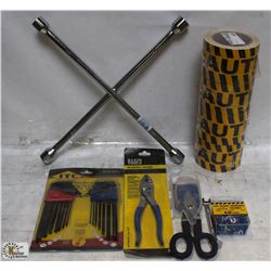 BOX OF ASST NEW TOOLS AND CAUTION TAPE