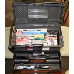 GREY TOOLBOX WITH CONTENTS.