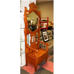 MAHOGANY HALL COAT TREE WITH STORAGE BENCH.
