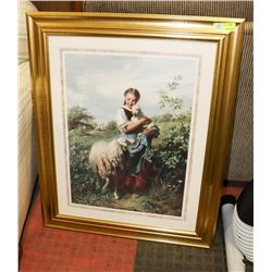 ESTATE FRAMED GOLD TONE GIRL WITH LAMBS FRAMED