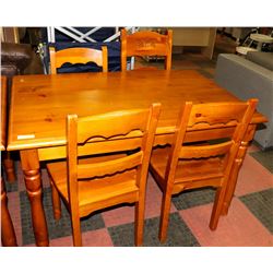 PINE TABLE WITH 4 CHAIRS - ONE IS MISMATCHED,