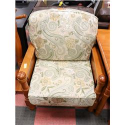 PINE UPHOLSTERED ARMCHAIR. FURNITURE