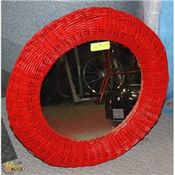 24" ROUND RED WICKER MIRROR.
