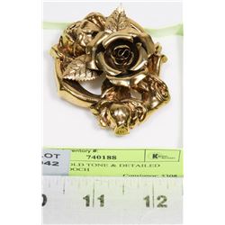 LARGE GOLD TONE & DETAILED ROSE BROOCH