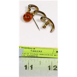 SPIRAL GOLD TONE BROOCH W/ A BEAUTIFUL AMBER