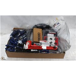 BOX OF SCREWDRIVERS, PIPE WRENCH, O-RING PLIERS