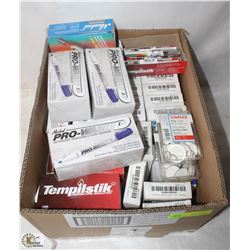 BOX OF KEY TAGS, PAINT MARKERS AND MORE