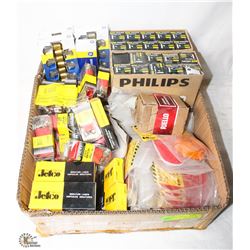 BOX OF LIGHT BULBS, BATTERY TERMINALS, LIGHT