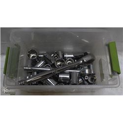 BIN OF ASSORTED SOCKETS AND WRENCHES