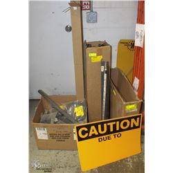 LOT W/ 3 BOXES OF ASSORTED CAUTION SIGNS, RADIATOR