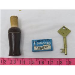 LOT OF 3 COLLECTIBLES (GOOSE CALL, SKELETON KEY AND BUTANE LIGHTER REFILL)