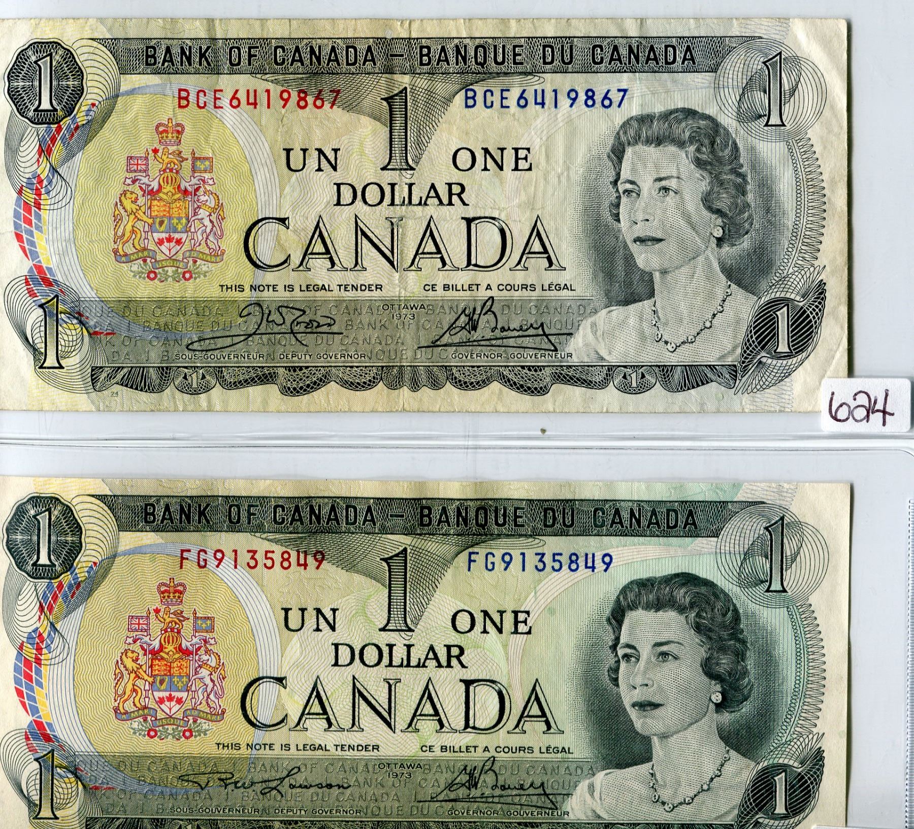 LOT OF 2 DOLLAR BILLS (CANADA) *LAWSON/BOUEY & CROW/BOUEY* (1973)