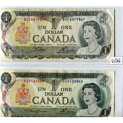 LOT OF 2 DOLLAR BILLS (CANADA) *LAWSON/BOUEY & CROW/BOUEY* (1973)