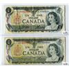 Image 1 : LOT OF 2 DOLLAR BILLS (CANADA) *LAWSON/BOUEY & CROW/BOUEY* (1973)