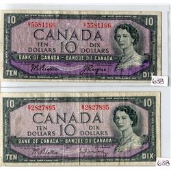 LOT OF 2 TEN DOLLAR BILLS (CANADA) * BILL BEATTIE/COYNE* (BILL BEATTIE/RASMINSKY) *1954*