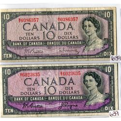 LOT OF 2 TEN DOLLAR BILLS (CANADA) * BILL BEATTIE/COYNE* (BILL BEATTIE/RASMINSKY) *1954*