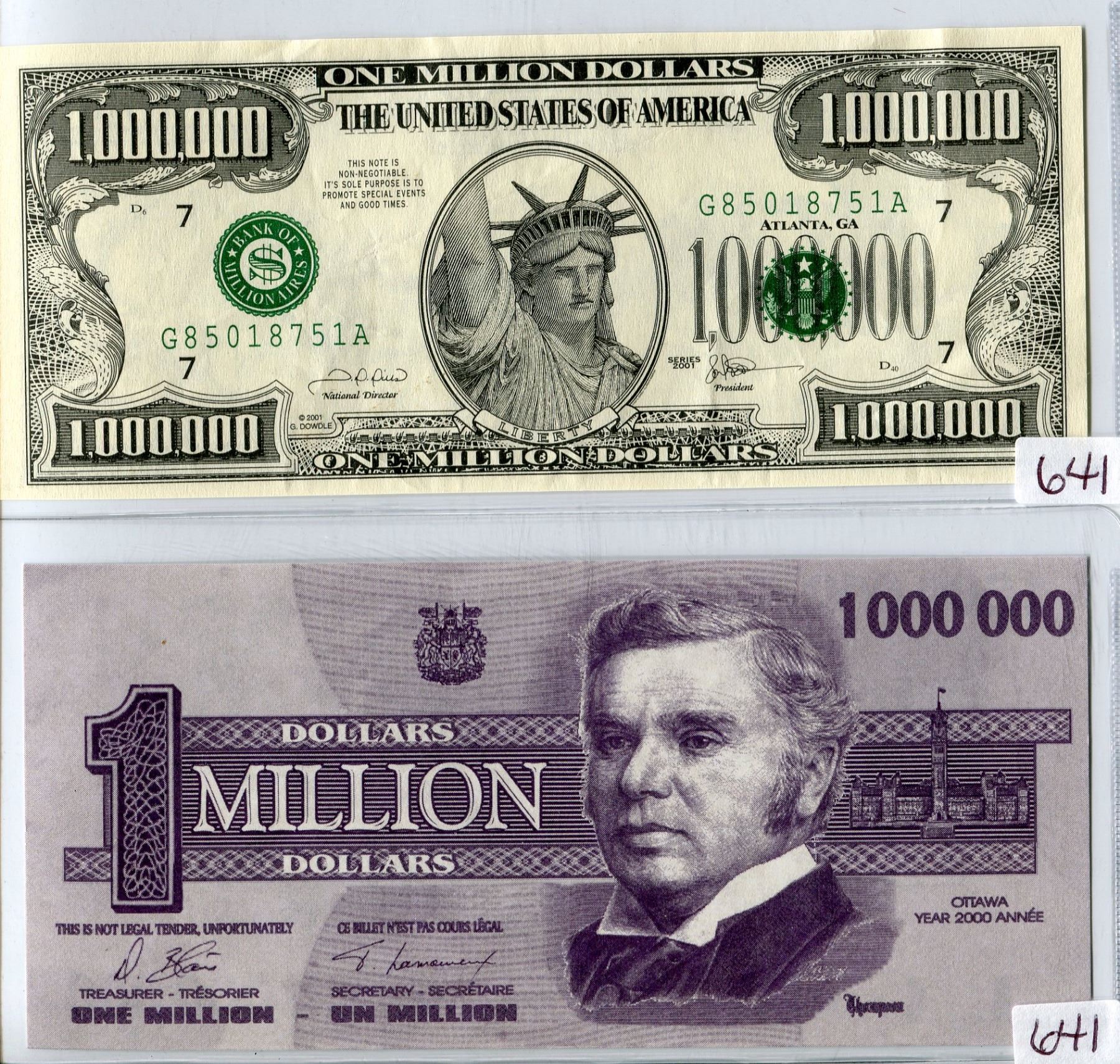 LOT OF 2 NOTES CANADIAN MILLION DOLLAR BILL US MILLION DOLLAR BILL  LOT OF 2 NOTES CANADIAN MILLION DOLLAR BILL US MILLION DOLLAR BILL