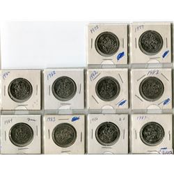 LOT OF 10-50 CENT PIECES (CANADA) (1978 TO 1987) *MISSING 1981* (2 X 1982)
