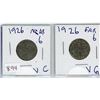 Image 1 : LOT OF 2-FIVE CENT COINS (CANADIAN) *1926 NEAR 6 & 1926 FAR 6* (SILVER)