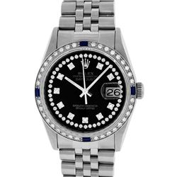 Rolex Mens Stainless Steel Black String Diamond & Sapphire Datejust Wristwatch